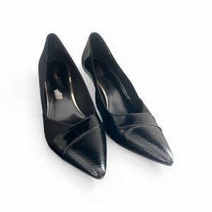 FIONI Black Embossed Patent Leather Suede Heels